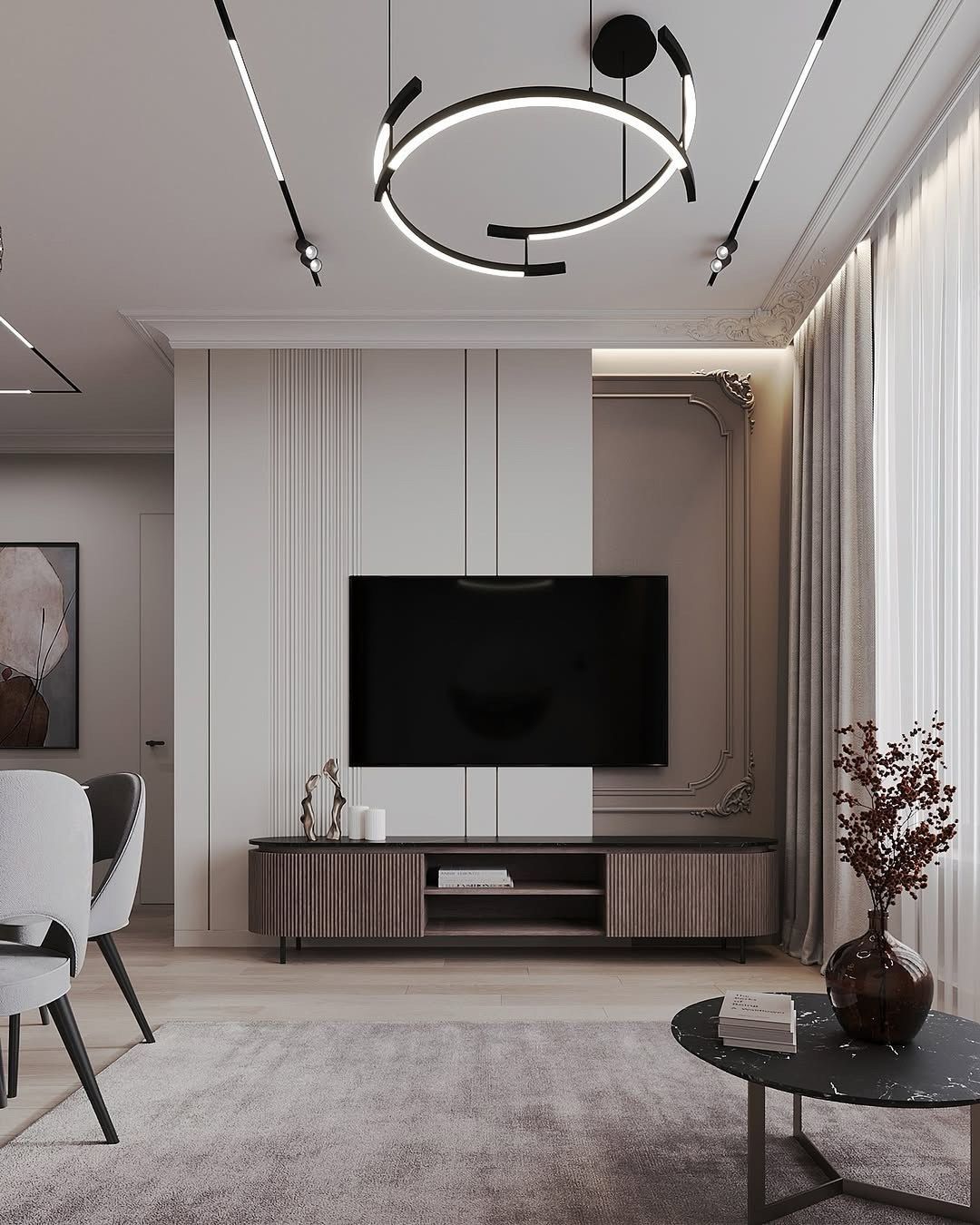 Modern minimalist living room with neutral tones and contemporary furniture